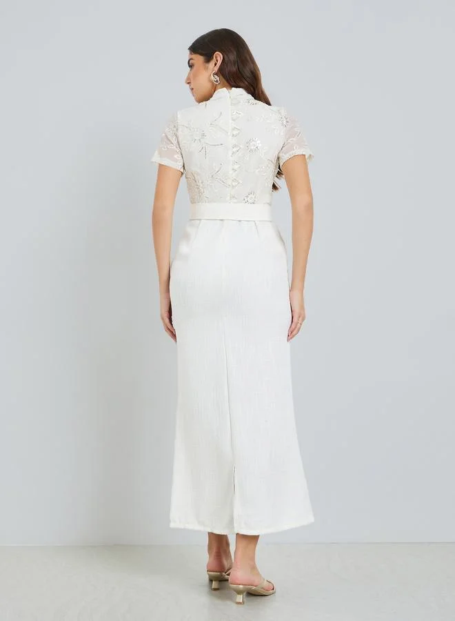 Styli  Women Off White Lace Short Sleeves Sheath Maxi Dress for Women | Best Price UAE